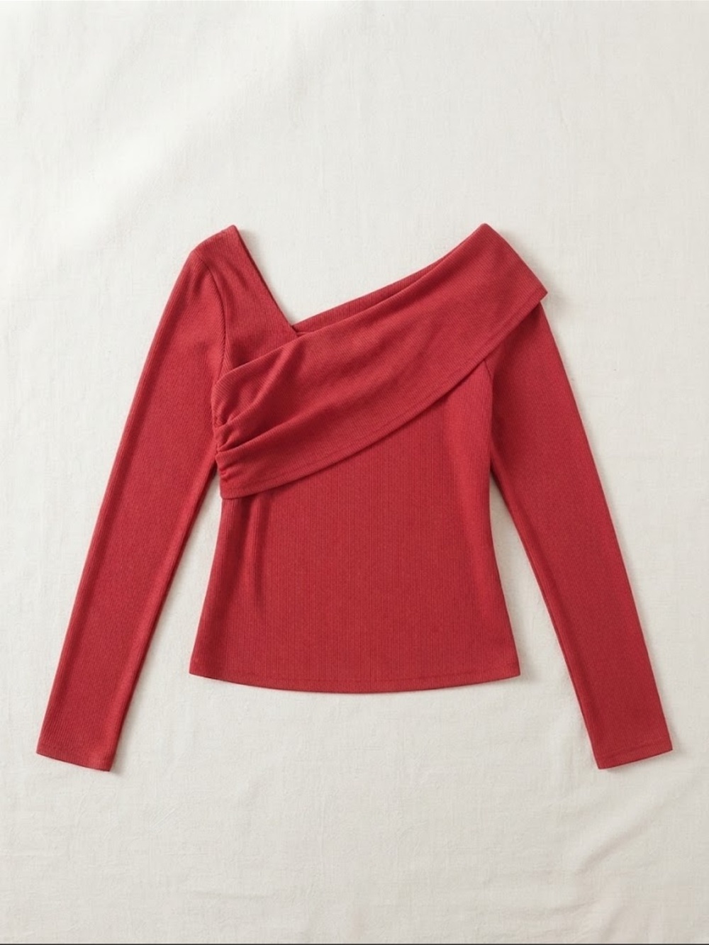 Off-Shoulder Ribbed Long-Sleeve Sweater - Red